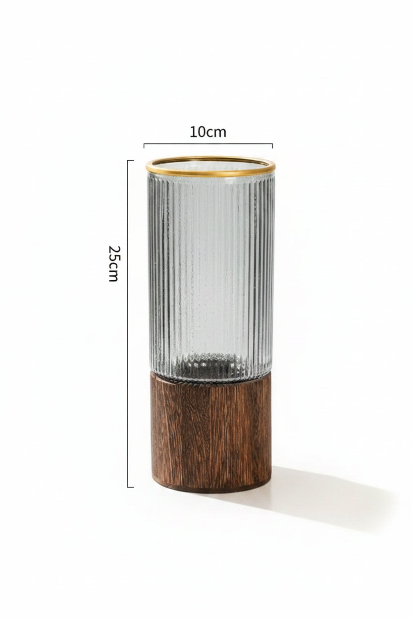 Decorative vase with wooden base and ribbed glass design, shown with measurements.
