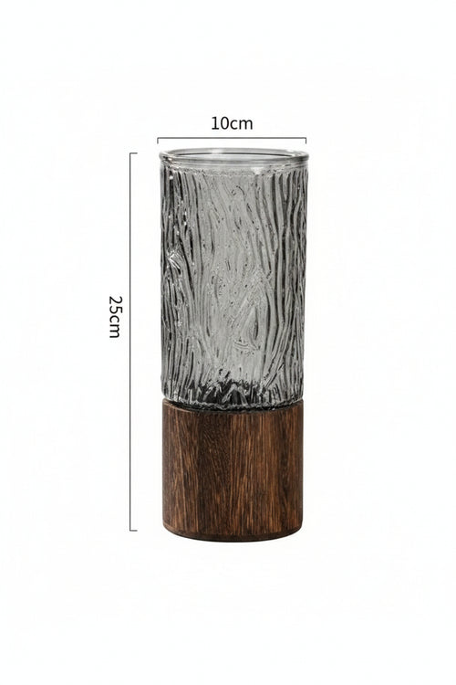 Smokey Gray Glass Cylinder Vase with Walnut Base
