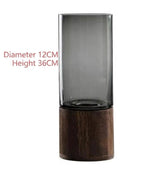 Smokey Gray Glass Cylinder Vase with Walnut Base