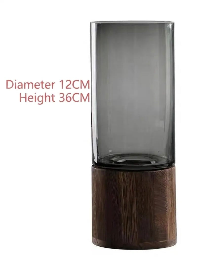 Smokey Gray Glass Cylinder Vase with Walnut Base