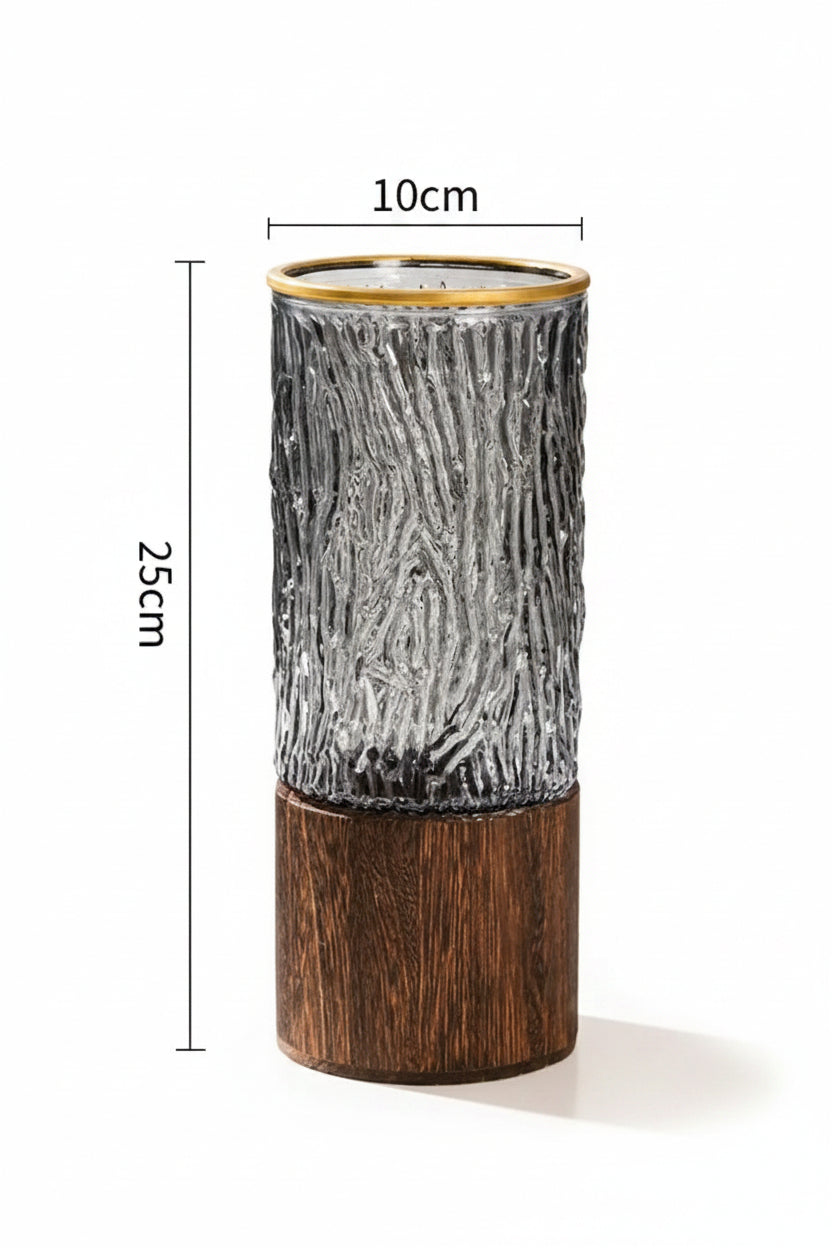 Decorative vase with textured design and wooden base, shown with measurements on a surface.